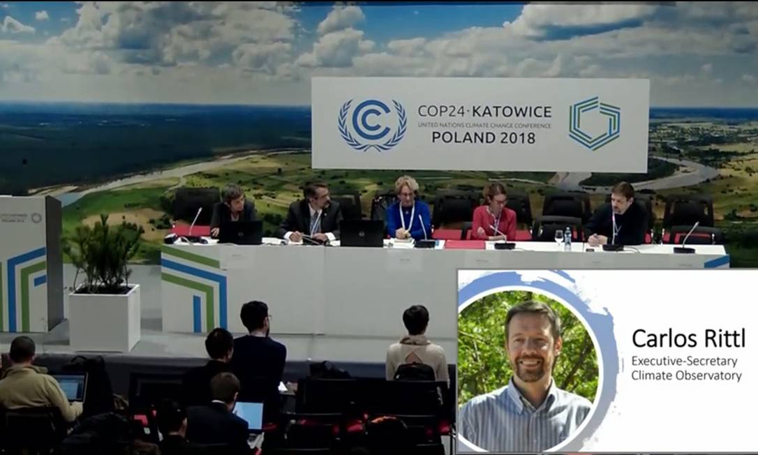 Painel sobre o Brasil na 24ª Conferência do Clima (COP24), sediada em Katowice, na Polônia; à dir., o secretário-executivo do Observatório do Clima, Carlos Rittl. Foto: Reprodução