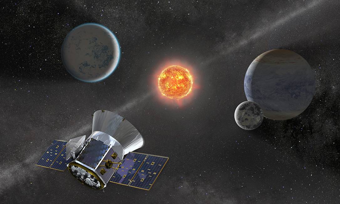 
Ilustração mostra o observatório espacial Tess e alguns exemplos de exoplanetas que os cientistas pretendem encontrar com o equipamento, lançado em abril do ano passado
Foto:
Divulgação/Nasa
