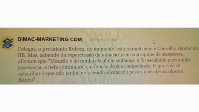 Mensagem interna no Banco do Brasil fala sobre promoção do filho de Mourão Foto: Reprodução