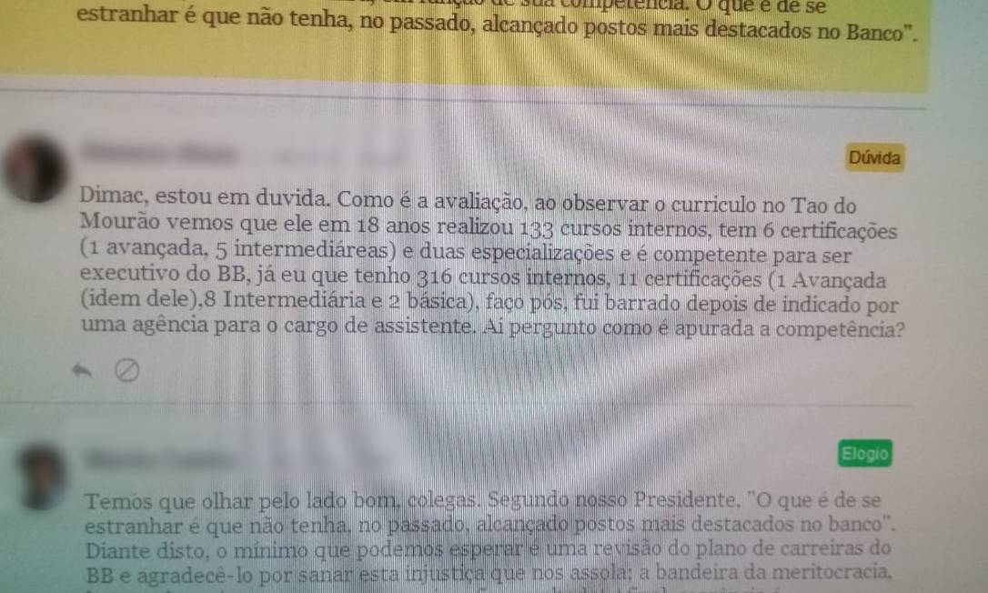 Comentários no sistema de mensagens interno do Banco do Brasil Foto: Reprodução