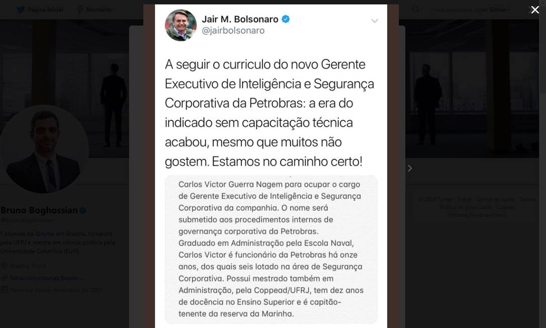 Mensagem apagada no Twitter de Bolsonaro em que ele diz que a "era do indicado sem capacitação técnica acabou" Foto: Reprodução