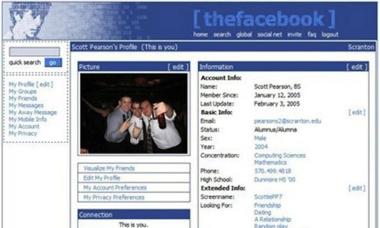 A rede social The Facebook nasceu em 4 de fevereiro de 2004 como um projeto de Mark Zuckerberg enquanto este estudava na Universidade Harvard, nos Estados Unidos. Na foto, layout da primeira versão da rede Foto: . / Reprodução