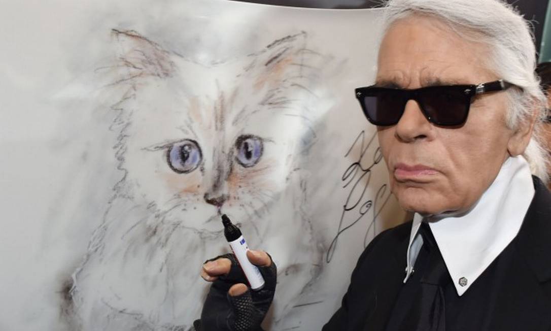 Karl Lagerfeld posa ao lado de um desenho de sua gata Choupette, em 2015 Foto: JENS KALAENE / AFP