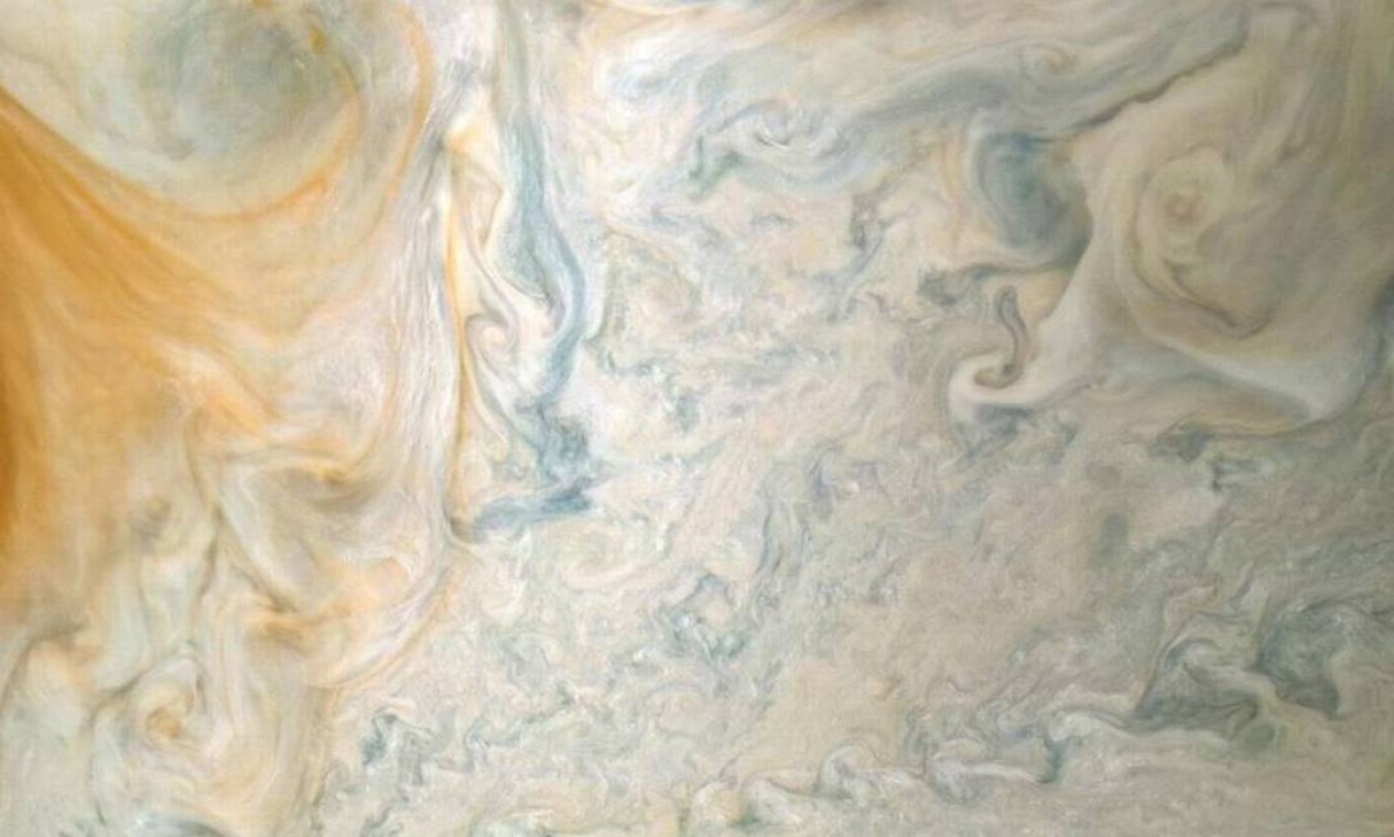A borda mais oriental da Grande Mancha Vermelha de Júpiter e a perturbação tropical do sul circundante Foto: NASA / JPL-Caltech / SwRI / MSSS / Kevin M. Gill / NASA