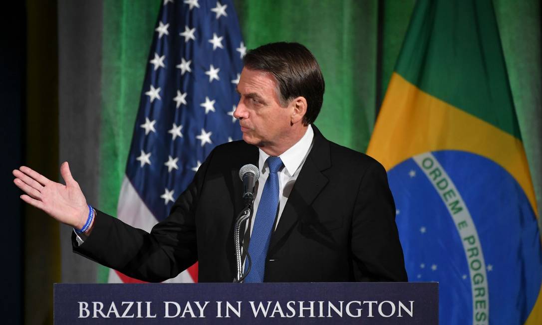 Brazil's President Jair Bolsonaro speaks during a discussion on US-Brazil relations at the US Chamber of Commerce in Washington, DC on March 18, 2019. (Photo by MANDEL NGAN / AFP) Foto: MANDEL NGAN / AFP