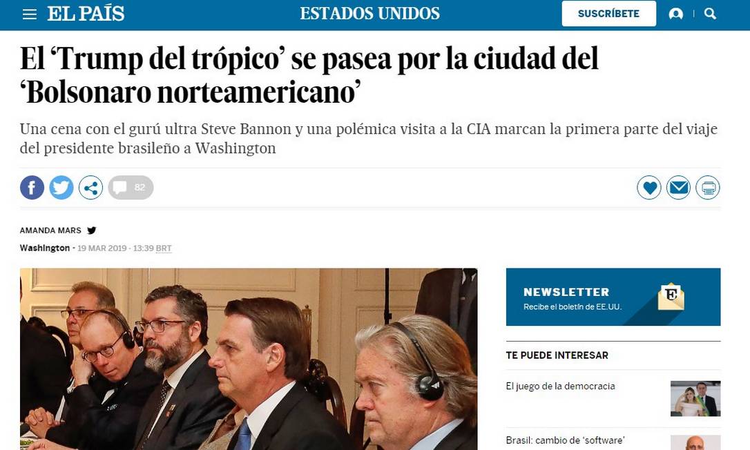 "O Trump dos trópicos passeia pela cidade do Bolsonaro americano" é o título do espanhol El País sobre o encontro dos dois presidentes Foto: Reprodução El País