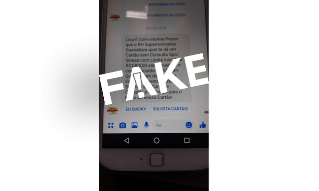 É #FAKE mensagem que oferece cartão de crédito em nome dos 