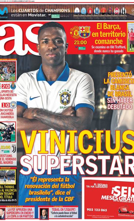 Em dia de jogo do Barça, Vinícius Júnior é capa de jornal espanhol