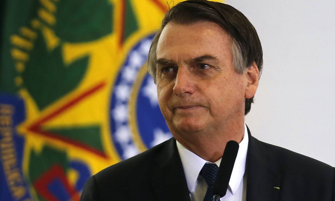 O presidente Jair Bolsonaro na solenidade alusiva aos 100 dias de governo, no Palácio do Planalto Foto: Jorge William / Agência O Globo