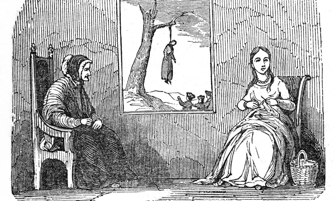 Ilustração mostra duas mulheres em uma casa enquanto, ao fundo, uma das execuções por bruxaria em Salem acontece Foto: Interim Archives / Getty Images