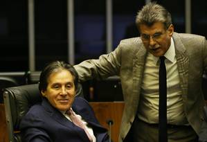 Eunício Oliveira e Romero Jucá em sessão do Senado, em 2018 Foto: Ailton de Freitas / Agência O Globo