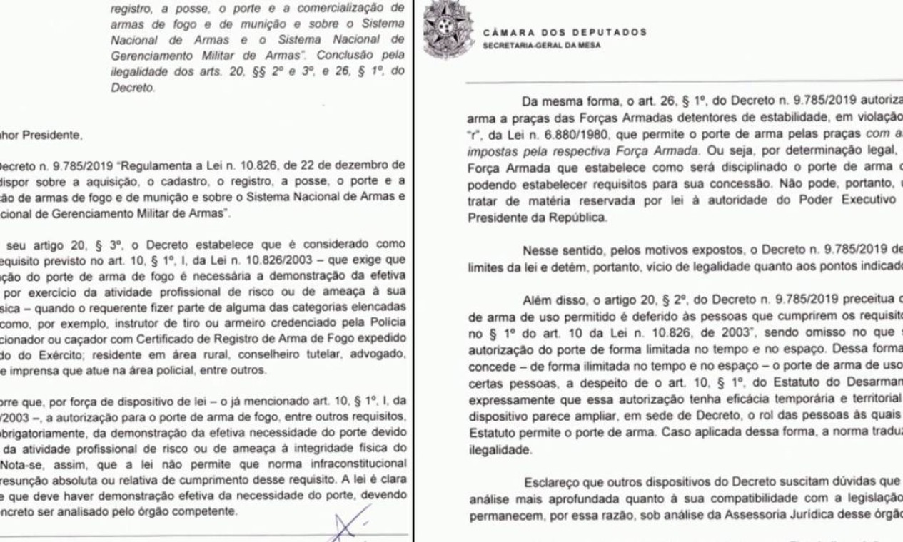 Documento da Câmara sobre o decreto que flexibilizou o porte de armas Foto: Agência O Globo