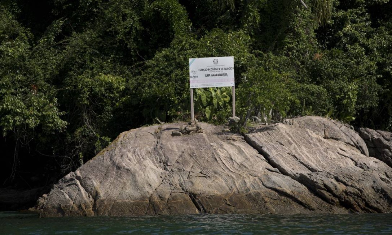Uma das poucas placas de sinalização ainda intactas foto na Ilha do Algodão. Foto: Márcia Foletto / Agência O Globo