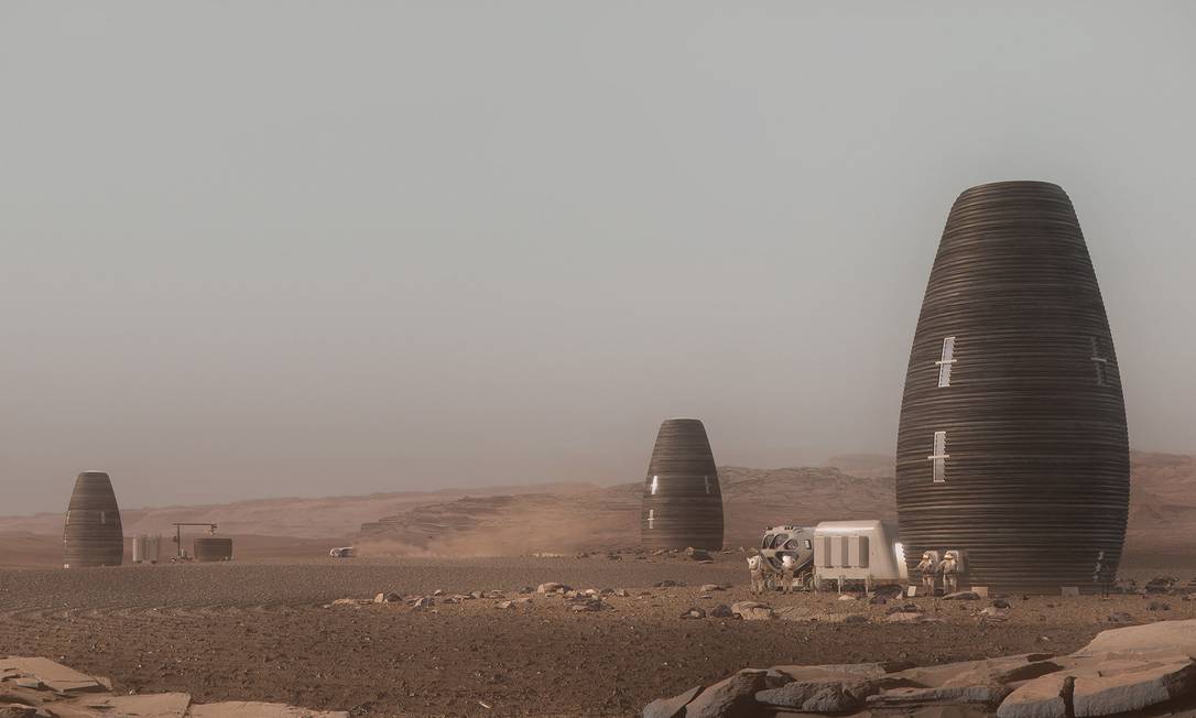 O projeto Marsha, da AI Space Factory, prevê a construção de casas em Marte a partir de impressão 3D. Foto: Divulgação