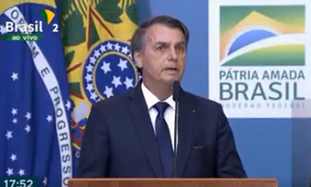 O presidente Jair Bolsonaro no lançamento da campanha de publicidade da reforma da Previdência Foto: Reprodução/ TV