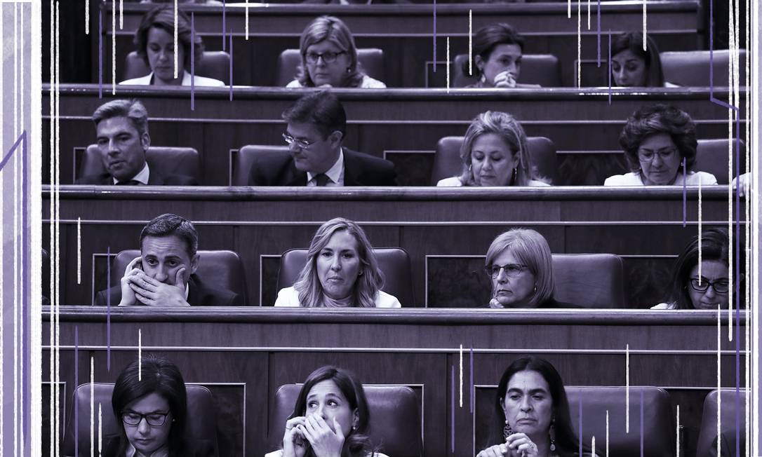 Deputadas na posse da nova legislatura do Parlamento espanhol Foto: Arte de Nina Millen Leal sobre foto de Sérgio Perez, da Reuters