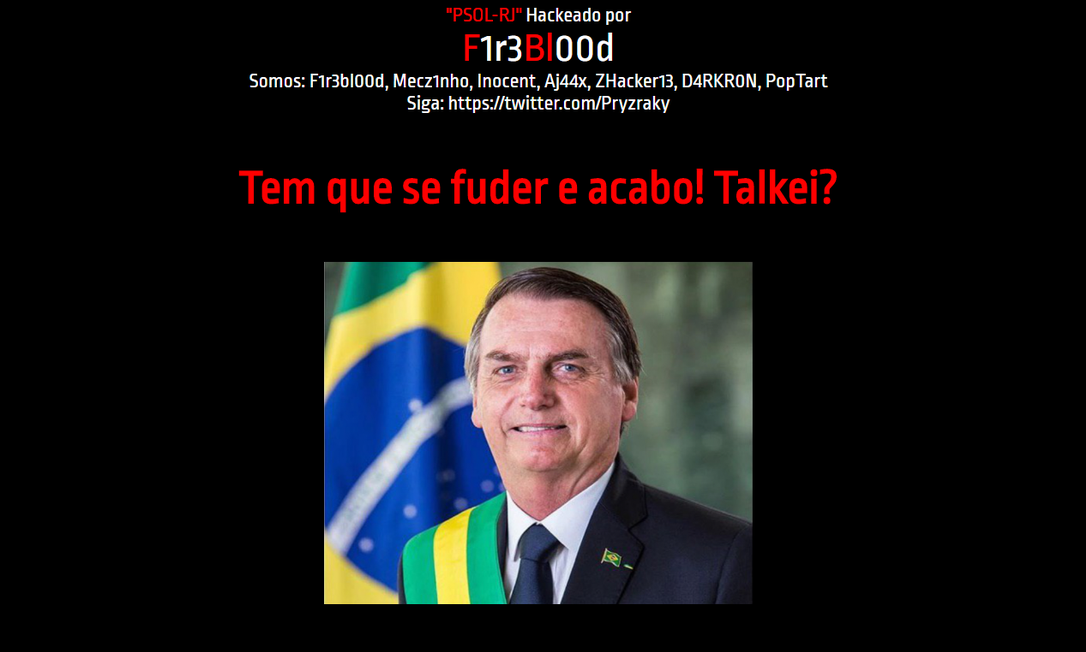 Foto do presidente é colocada em site hackeado do PSOL Rio Foto: Reprodução