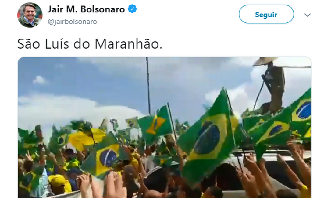Post do presidente Bolsonaro em apoio aos atos pró-governo neste domingo Foto: Reprodução/Twitter