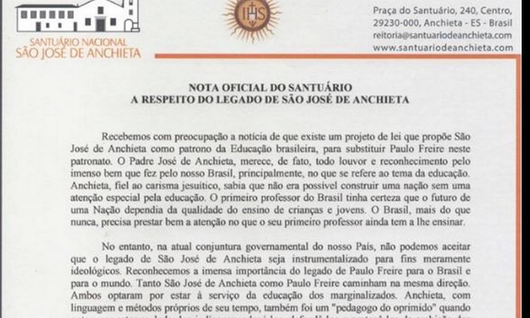 Trecho da nota oficial postada pelo Santuário Nacional São José de Anchieta no Facebook Foto: Reprodução
