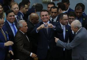 O presidente Jair Bolsonaro no encontro de missionários da Assembléia de Deus de Madureira, em Goiânia.
Foto: Jorge William / O Globo