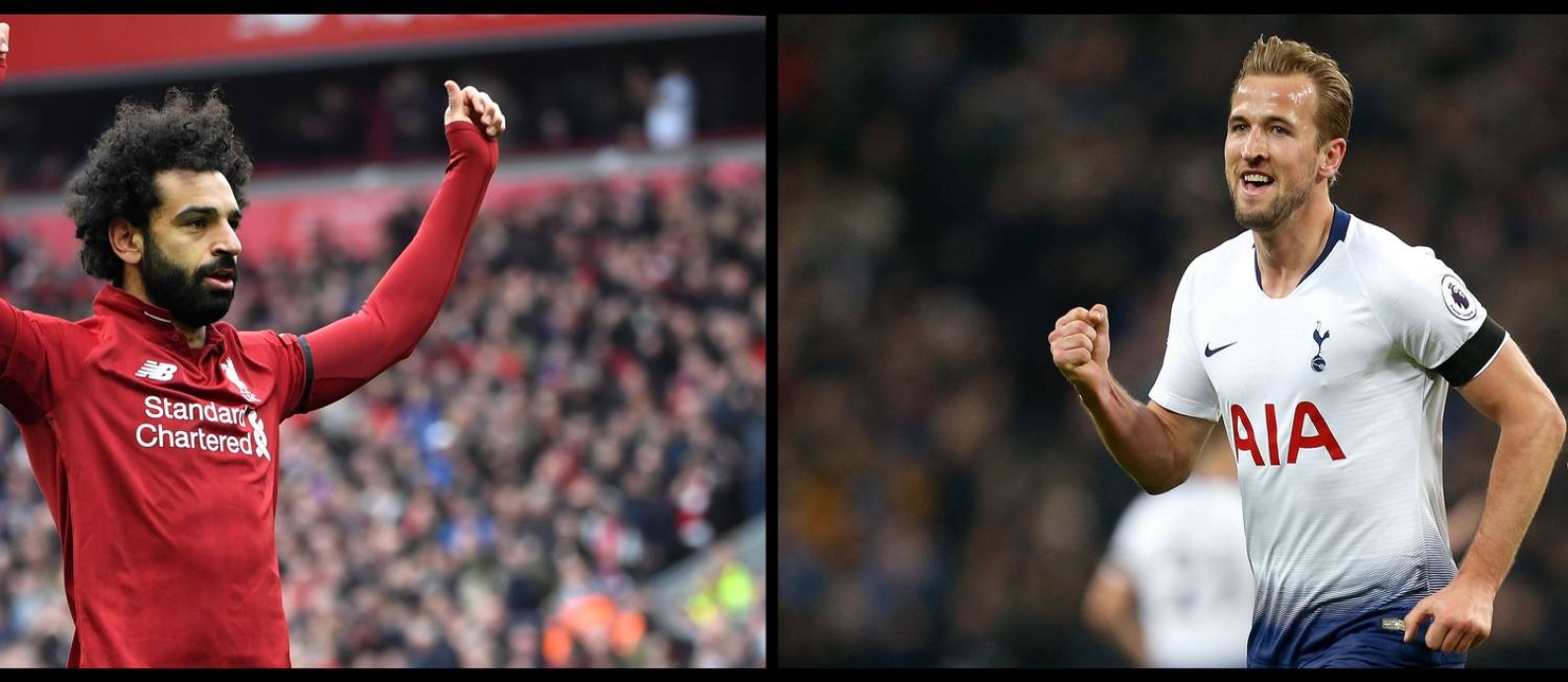 Salah e Kane: os principais atacantes de Liverpool e Tottenham Foto: Ian Kington e Paul Ellis/AFP