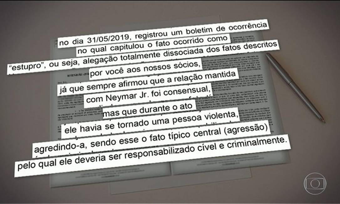 Contrato mostra razões pelas quais advogados deixaram caso de mulher que acusa Neymar Foto: Reprodução TV Globo