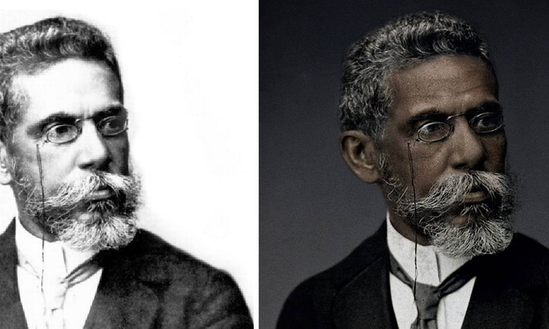 Machado de Assis em foto clássica do século XIX (esq.) e na versão da campanha Machado Real Foto: Divulgação / Agência O GLOBO