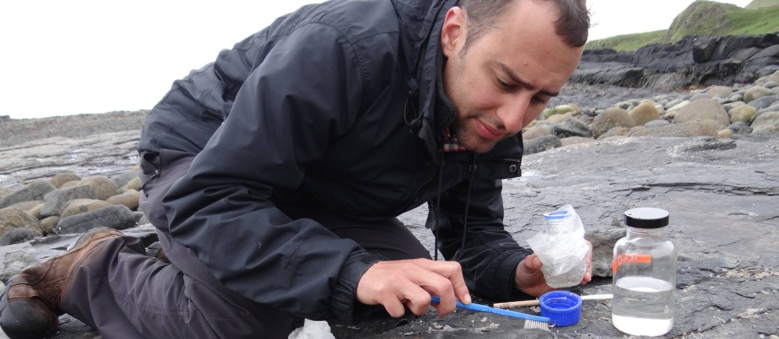 Steve Brusatte analisa rochas na Ilha de Skye, na Escócia: pesquisador americano trabalhou em mais de dez países, entre eles o Brasil Foto: Divulgação