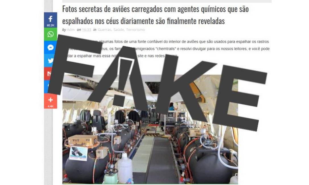 É #FAKE que fotos revelem projeto secreto em que aviões espalham produtos químicos nocivos à saúde Foto: Reprodução