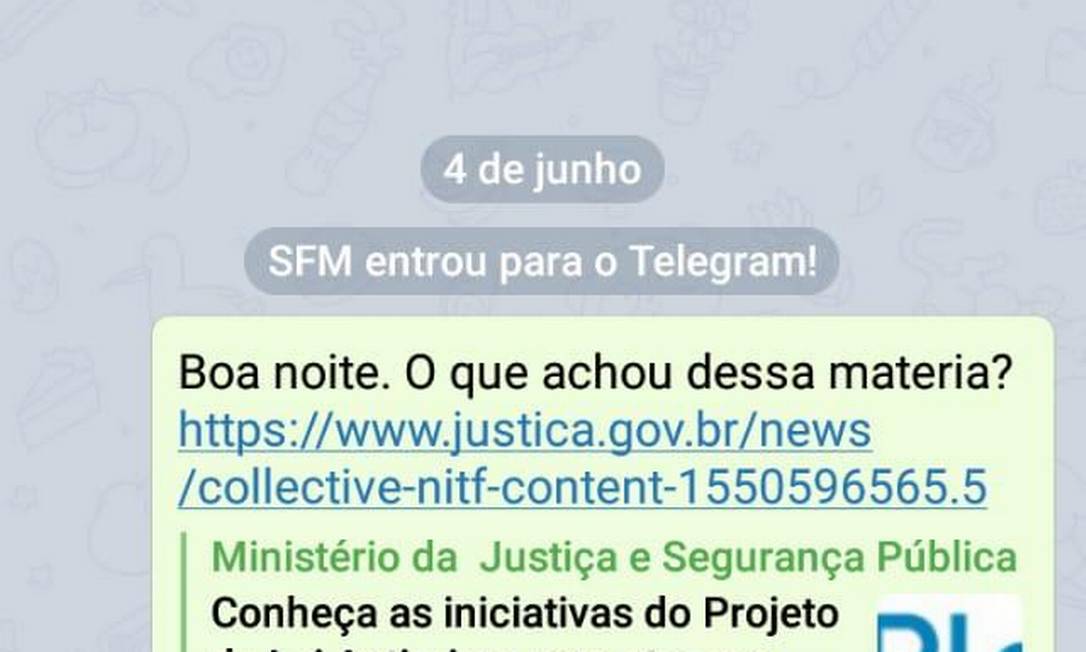 Hacker se passou por Sergio Moro em aplicativo Telegram Foto: Reprodução