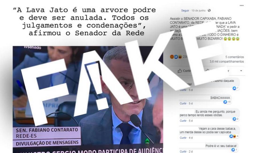 É #FAKE que senador Fabiano Contarato defendeu anulação de todos os julgamentos da Lava Jato Foto: Reprodução
