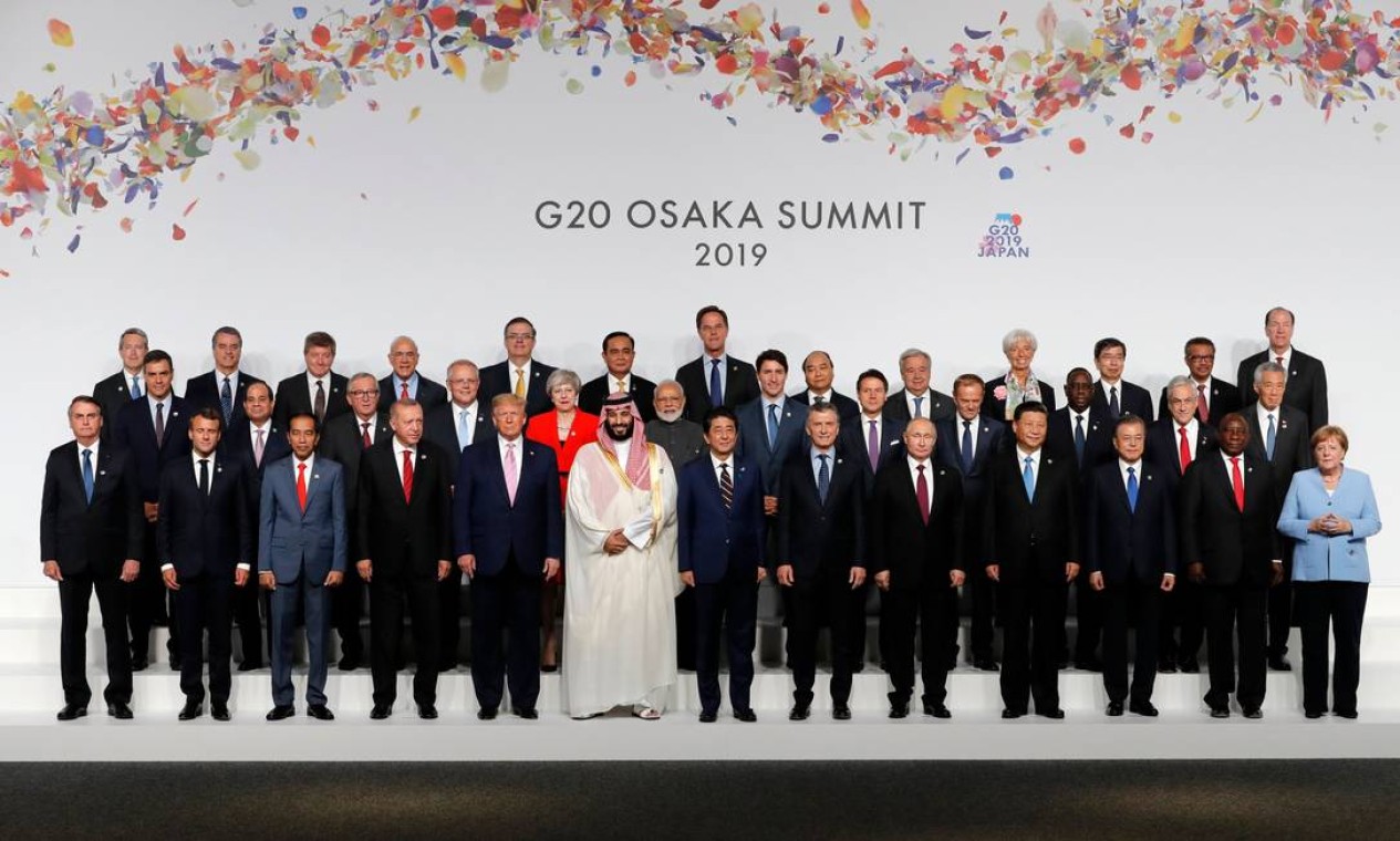 Líderes dos países membros posam para foto oficial da cúpula do G-20 em Osaka, Japão Foto: KIM KYUNG-HOON / AFP