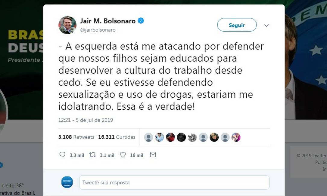 Bolsonaro volta a falar de trabalho infantil no Twitter Foto: Reprodução