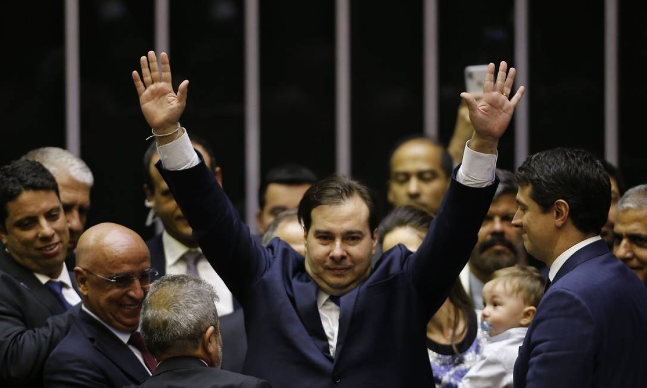Rodrigo Maia comemora a reeleição à presidência da Câmara dos Deputados Foto: Jorge William / Agência O Globo