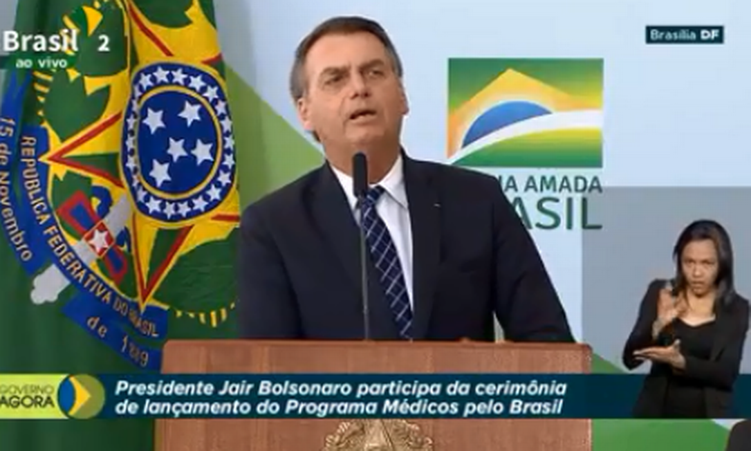 O presidente Jair Bolsonaro no lançamento do programa Médicos pelo Brasil Foto: Reprodução/ TV