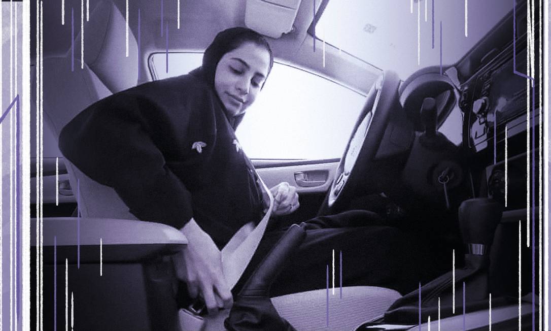 Mulher saudita dirige automóvel, em imagem veiculada pelo Ministério da Informação da Arábia Saudita Foto: Arte de Clara Brandao sobre foto AP