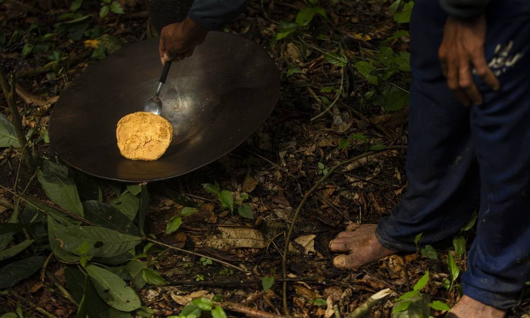 Após terminar o trabalho no barranco, 334,5 gramas de ouro foram divididos entre o dono da máquina e os doze garimpeiros. Os ianomâmis – 23 mil indígenas – são diretamente impactados pela pilhagem em suas terras, em especial pelo caminho percorrido pelo mercúrio e pela proximidade ao garimpo Foto: Daniel Marenco / Agência O Globo