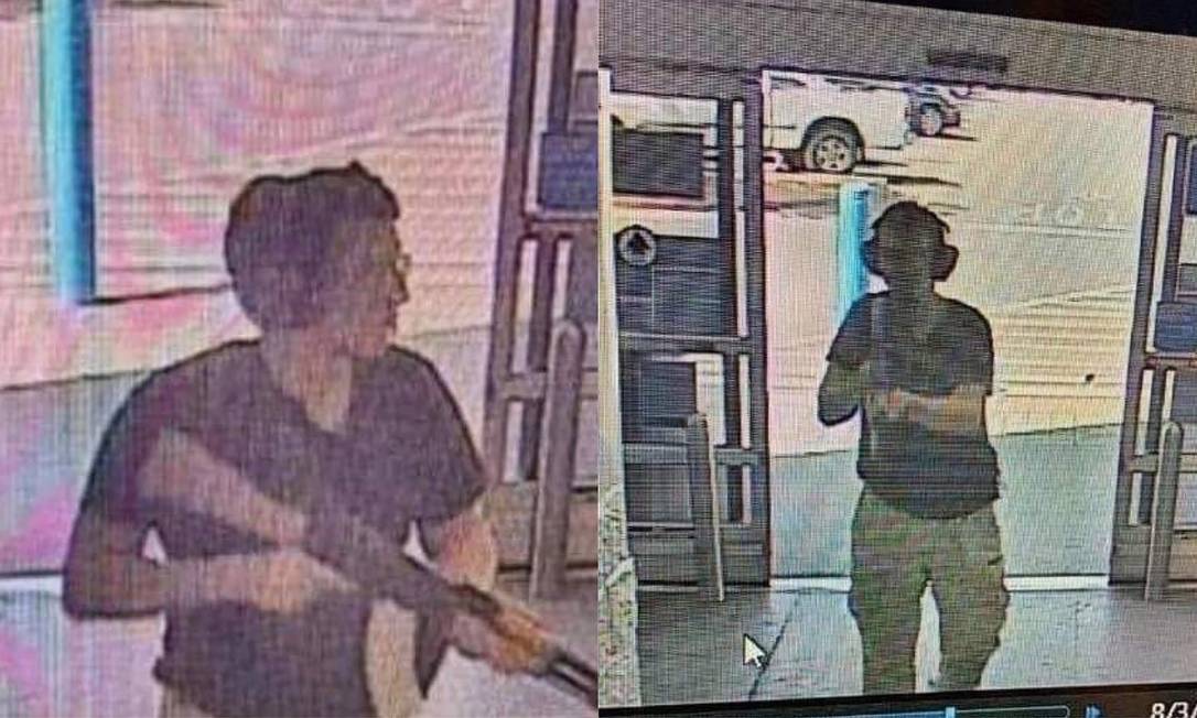 Câmera interna mostra homem identificado como Patrick Crusius, de 21 anos, entrando em supermercado em El Paso, no Texas: 18 pessoas foram mortas em ataque Foto: COURTESY OF KTSM 9 / AFP