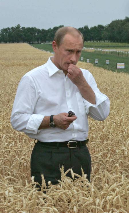 O presidente russo, Vladimir Putin, atravessa um campo durante sua visita a uma exposição agrícola em Rostov do Don, em 30 de junho de 2007 Foto: VLADIMIR RADIONOV / AFP