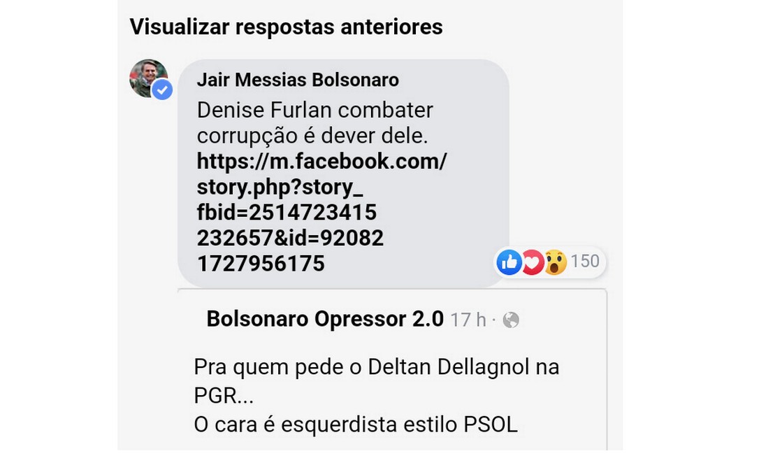 Internauta pede Deltan na PGR, e Bolsonaro insinua em rede social que procurador Ã© de esquerda Foto: ReproduÃ§Ã£o