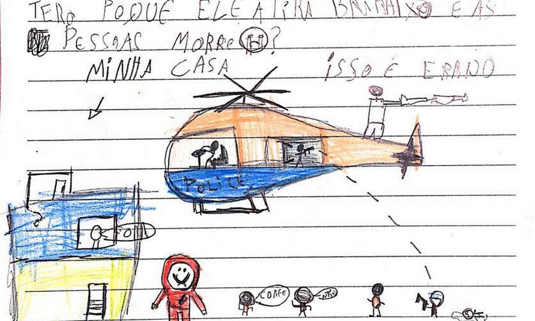 Criança faz desenho e escreve carta ao TJ dizendo que: "não gosta do helicóptero porque ele atira para baixo e as pessoas morrem" Foto: Reprodução