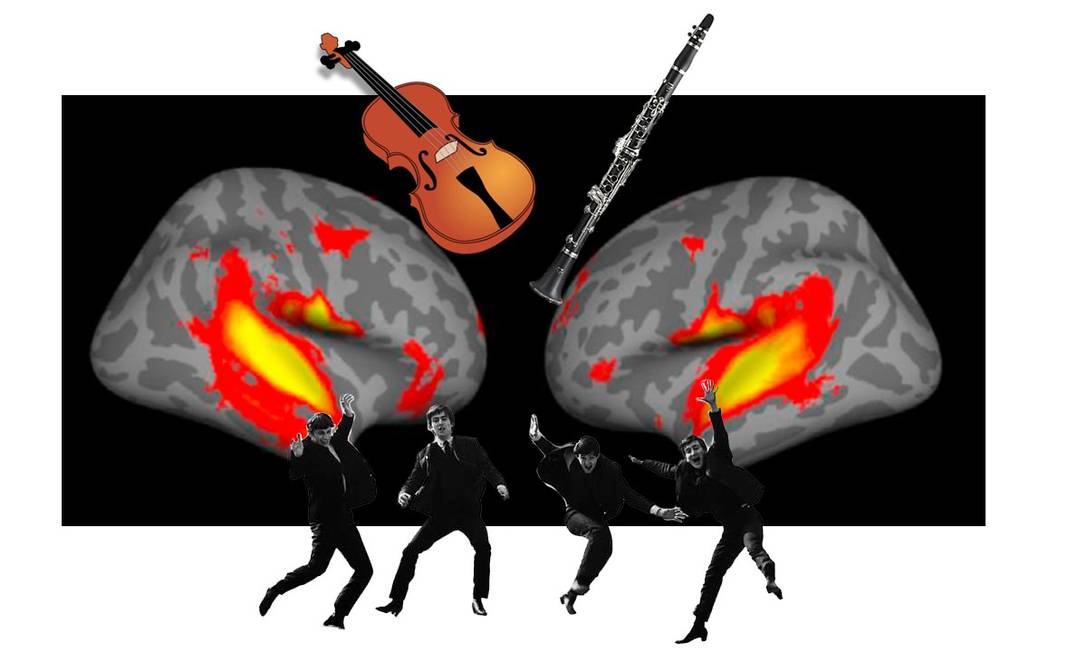 Pesquisadores americanos identificaram as marcas cerebrais do reconhecimento de emoções veiculadas por sons, instrumentos musicais ou a voz humana. As imagens do cérebro mostram as regiões especificamente ativadas por emoções musicais. Ilustração livre sobre neuroimagem dos pesquisadores americanos. Foto: Arte
