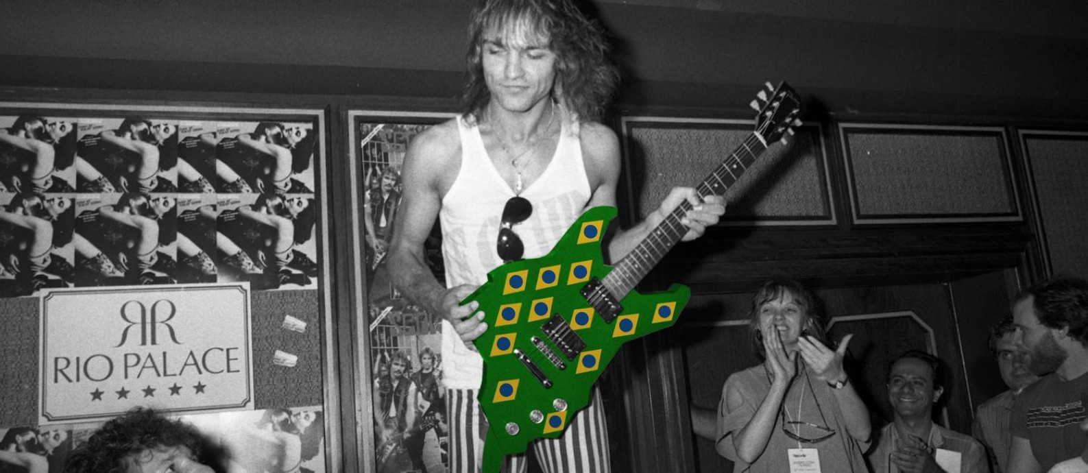 O guitarrista Matthias Jabs, dos Scorpions, em 1985, no Rock in Rio Foto: Arte sobre foto de Cesar Loureiro / Agência O Globo