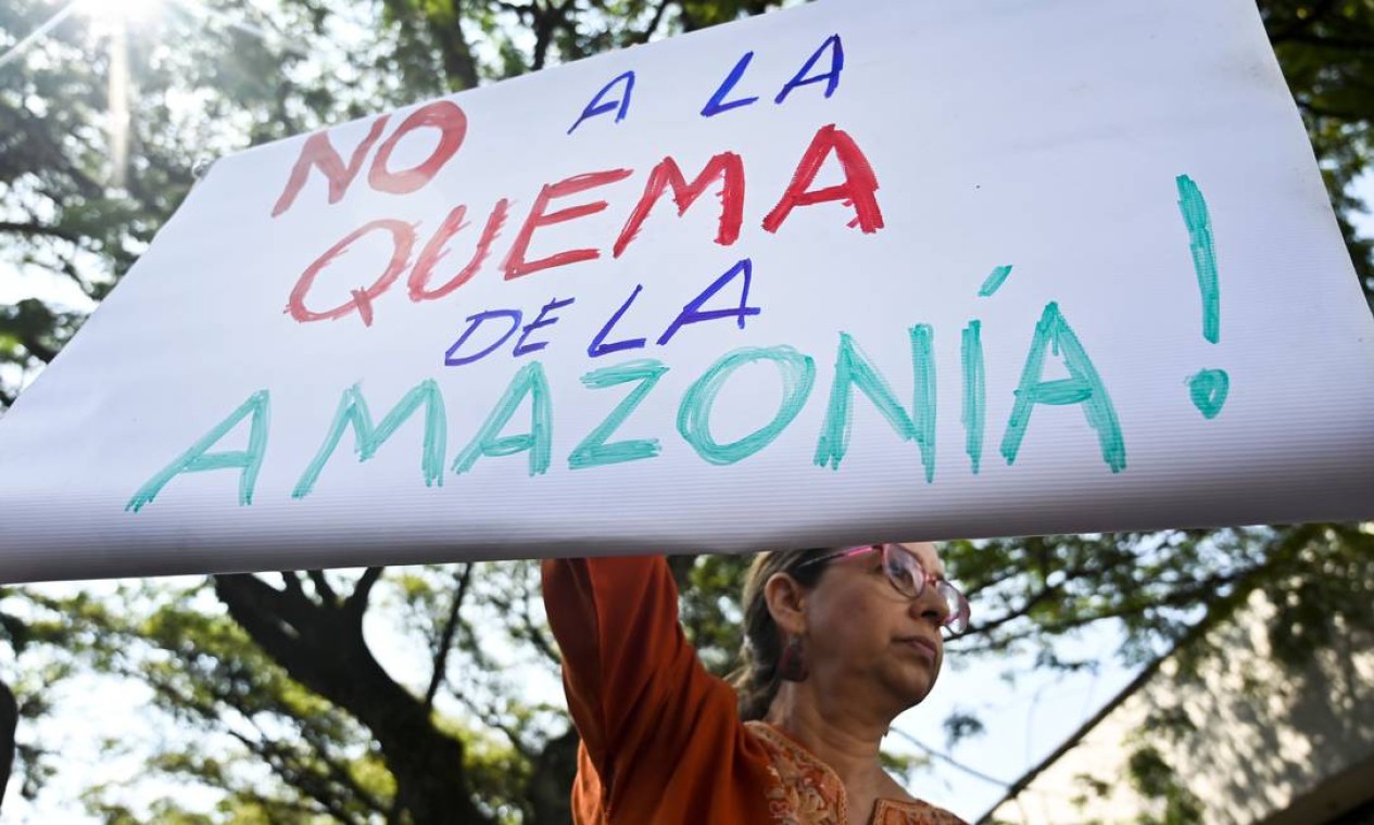 Ativista segura placa com a frase "Não à queima da Amazônia" durante protesto contra as queimadas na Amazônia em frente ao consulado brasileiro em Cali, Colômbia. Foto: Luis Robayo / AFP