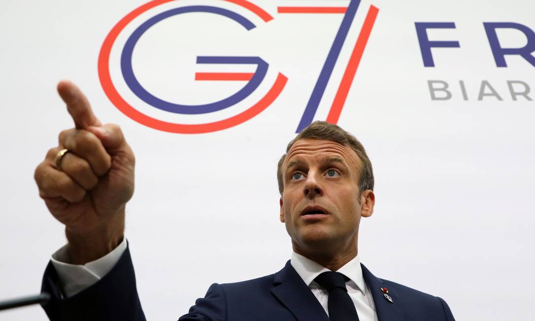 O presidente da França, Emmanuel Macron, fala durante a conferência do G7 Foto: LUDOVIC MARIN / AFP