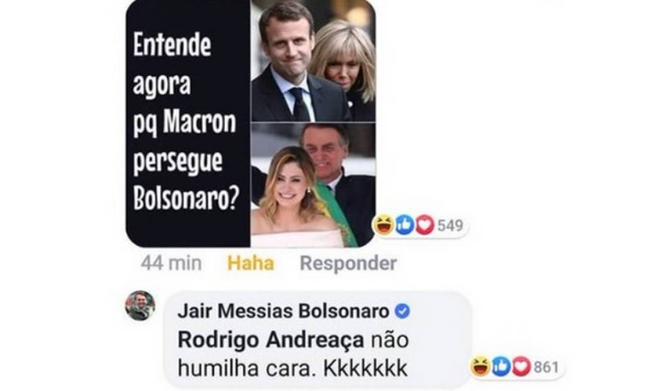 "Não humilha cara. Kkkkkkk", responde o presidente Bolsonaro no comentário do seu seguidor Foto: Reprodução