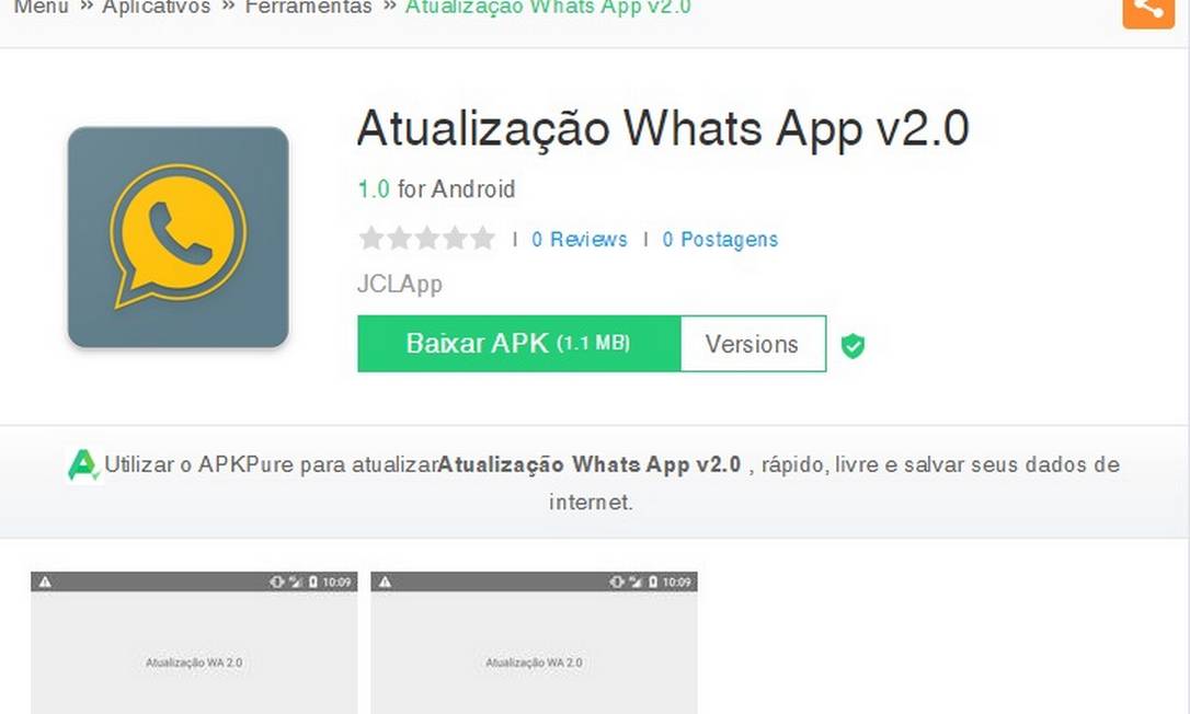 Malware se apresenta como aplicativo de atualização do WhatsApp Foto: Reprodução
