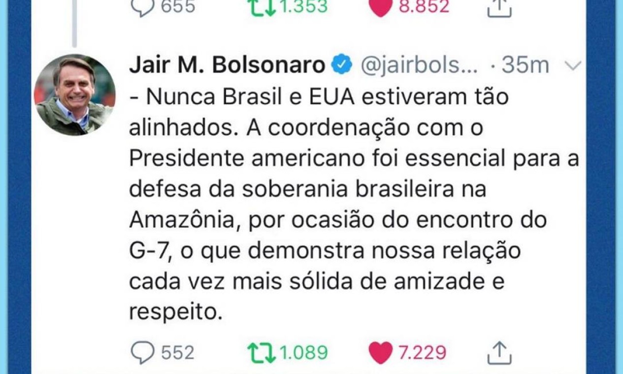 O deputado postou nas redes sociais o print com comentário do pai, presidente Jair Bolsonaro, sobre a viagem dele aos EUA. Segundo o presidente, o tema principal da reunião com Trump é a Amazônia Foto: Redes sociais
