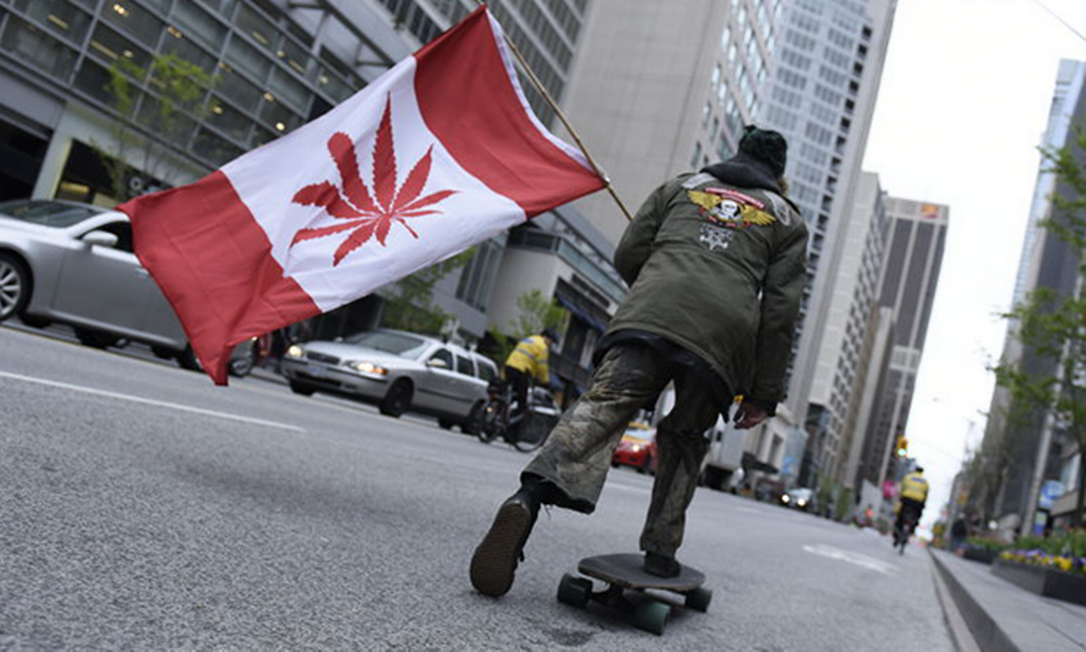 Homem anda de skate com uma réplica da bandeira canadense alterada para que a flor da Cannabis apareça como símbolo Foto: Arindam Shivaani / NurPhoto via Getty Images