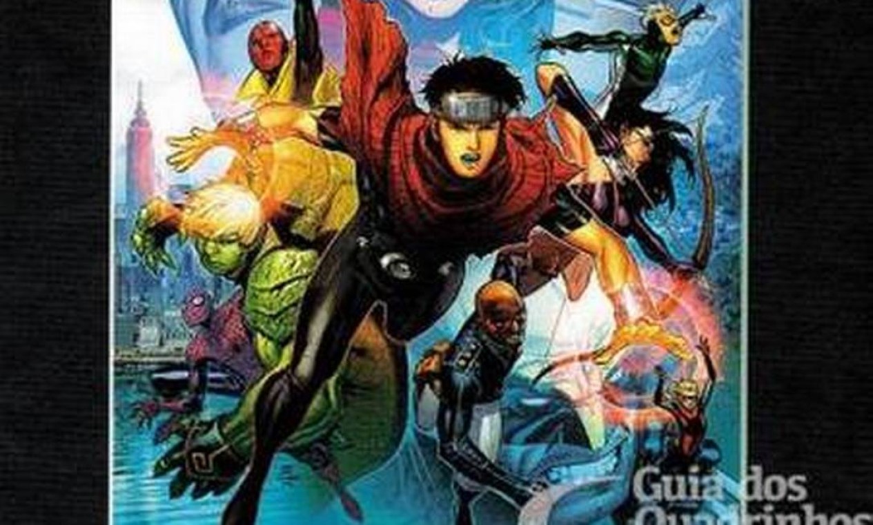 "Vingadores: A cruzada das crianças". História envolve dezenas de personagens da Marvel, entre eles dois membros dos Jovens Vingadores, Wiccano e Hulkling, que são namorados e aparecem se beijando em um painel Foto: Reprodução